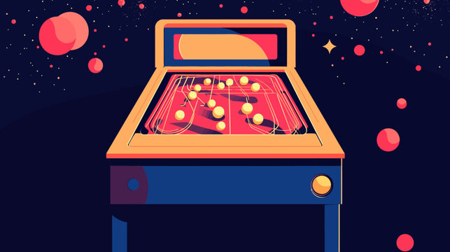 Retro-style pinball machine in space surrounded by planets and stars