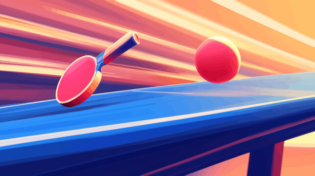 Stylized digital illustration of a ping pong paddle hitting a ball on a blue table