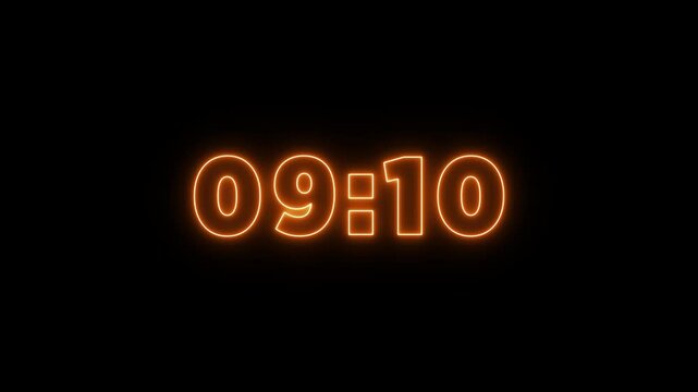 glowing neon 10 minute Countdown timer. Neon 10 to 0 minute Countdown timer on black background.