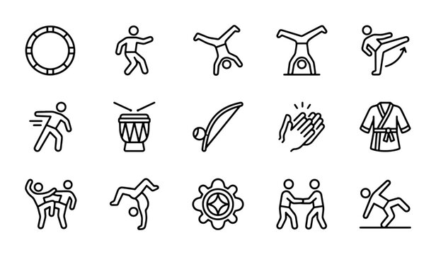 Capoeira Icons Set, Brazilian Martial Art Vector Graphics, Acrobatics and Dance Elements
