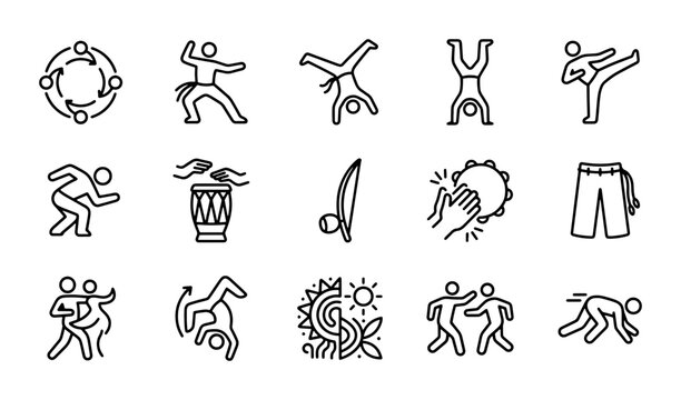 Capoeira Icons Set: Brazilian Martial Art, Dance, Music, Acrobatics, Sport, Vector Graphics