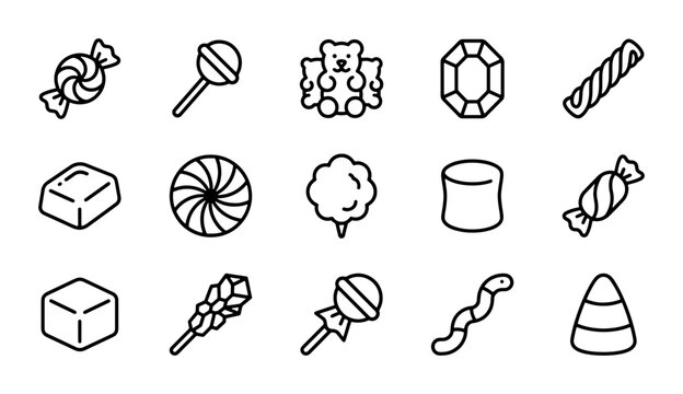 Sweet Treats Icons: Candy, Lollipop, Gummy Bear, Marshmallow, Gemstone Vector Set
