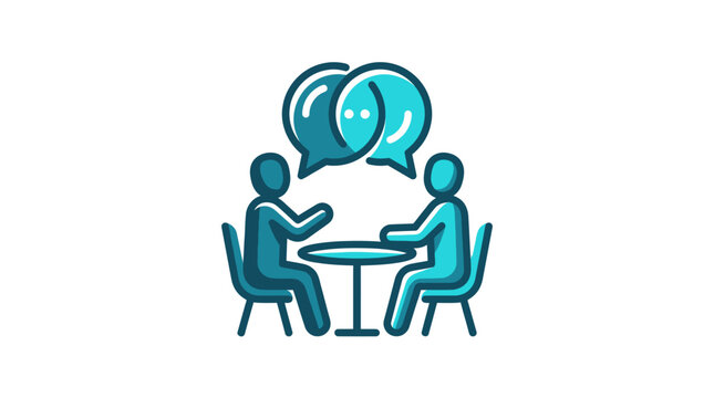 Two people talking at table.