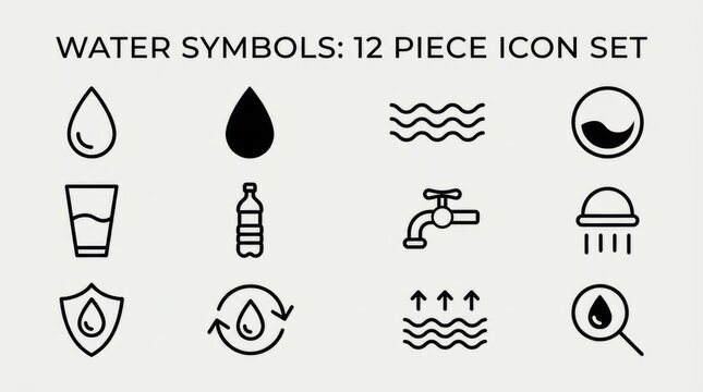 Collection of Twelve Minimalist Water Symbol Icons for Design Projects.