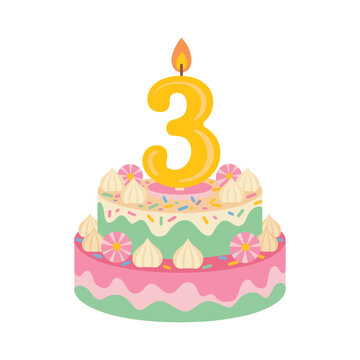 Two tier birthday cake with number three candle topper and pink and green frosting for third birthday celebration party