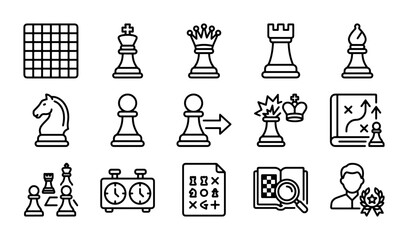 Chess Icons Set: Strategy, Pieces, Board, Timer, Tactics, Game Elements, Vector Art © Rita