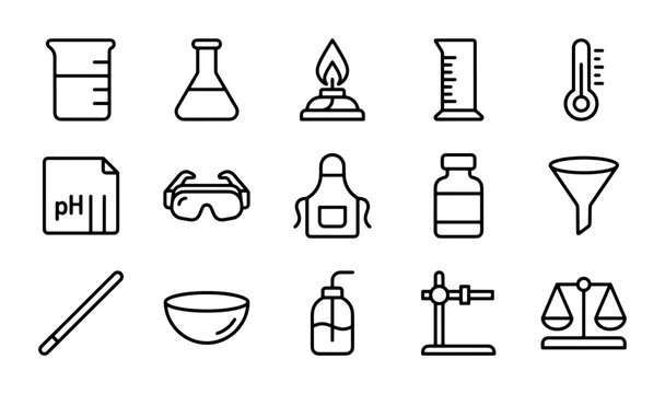 Science Lab Icons Set, Chemistry Equipment Vector Graphics, Research Tools Collection
