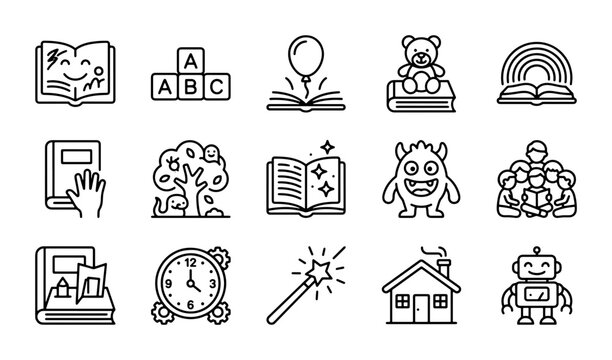 Children's Education Icons Set, Kids Learning Symbols, Storybook Graphics, ABC Blocks, Magic Wand, Robot