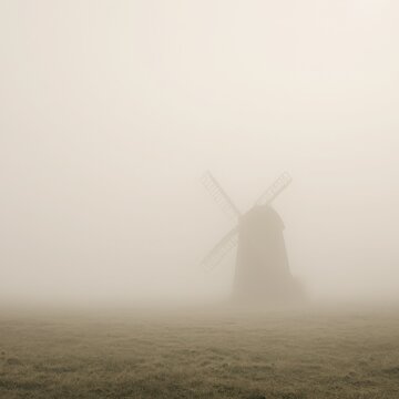 Solitary traditional windmill silhouette standing quietly inside a dense white morning fog