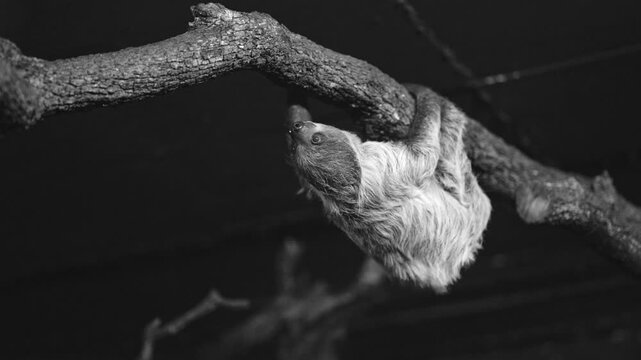 Two toed sloth slowly climbing a branch