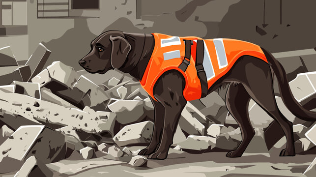 Search and rescue dog on rubble with construction gear in a collapsed building