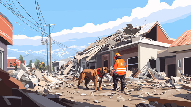 Rescue worker with dog amidst rubble after building collapse