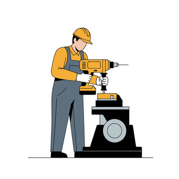 Technician using power drill on metal industrial machine.
