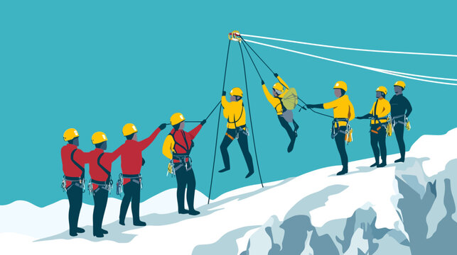 Mountain rescue team assists injured climber via rappel on snowy peak