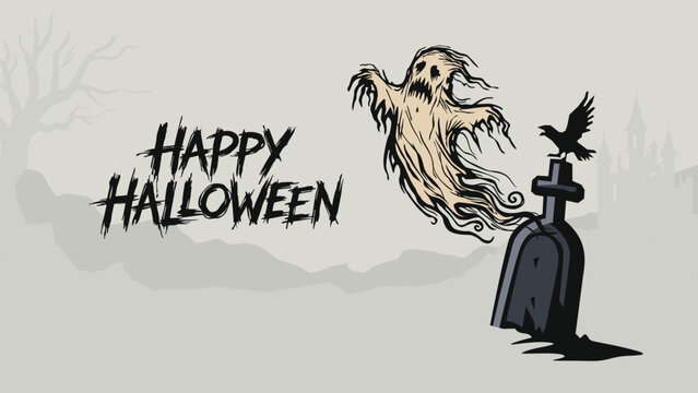Happy Halloween calligraphy with the cowardly ghost chased out of it's own grave by a crow have silhouette haunted mansion and dead tree background