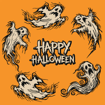 Happy Halloween calligraphy have freaky ghosts floating around with orange background square template.