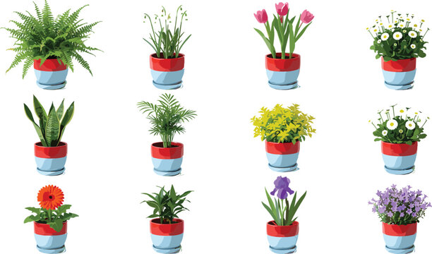 Potted houseplant vector icon set featuring indoor green ferns tulips daisies and flowers for home interior decoration templates.
