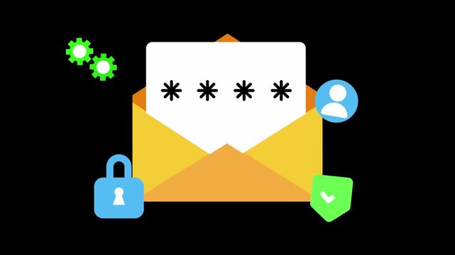 Email message envelope, containing asterisks, with padlock , gears, user, and  shield checkmarks icon, for login and OTP verification. 4K alpha channel animation