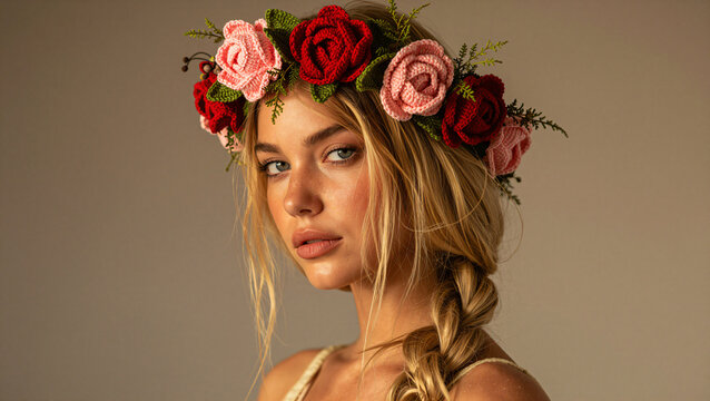 Portrait of a woman with a handmade crochet flower crown