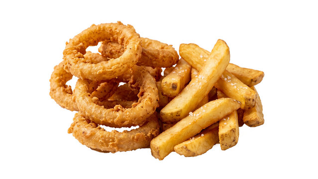 Crispy golden onion rings and french fries, isolated on transparent background