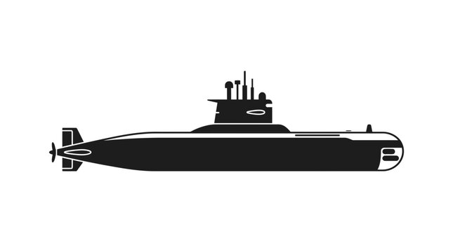Black silhouette of a modern submarine on a white background