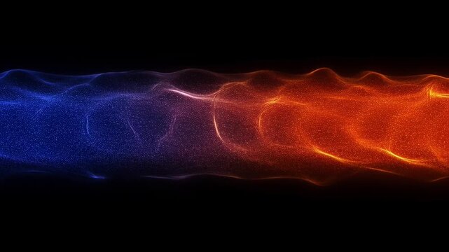 Abstract particle wave background, blue and orange energy flow motion