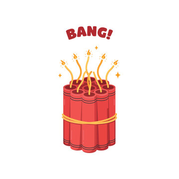 Red dynamite bundle with multiple burning fuses and bang text for explosive action concepts and hazard warning on a white background