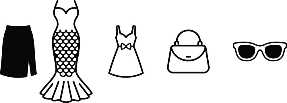 Black and white fashion icons including dress skirt purse and sunglasses