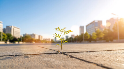 Obraz premium Small green sapling growing through crack in concrete pavement with city skyline background