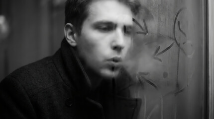 Fototapeta premium Black and white cinematic portrait of a man exhaling smoke near a window, evoking introspection, melancholy, mystery, and vintage noir atmosphere.