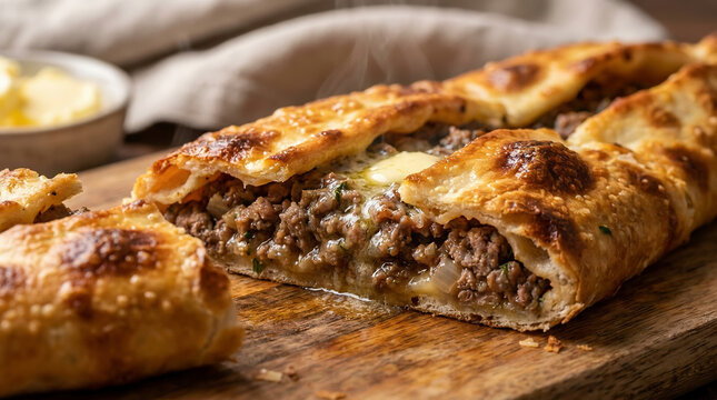 Traditional Turkish pide stuffed with seasoned minced meat and baked to golden perfection, showcasing authentic Anatolian cuisine, street food, and savory comfort meal.