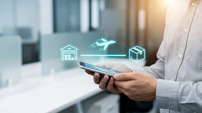 Logistics, Supply Chain, Technology, Smartphone, Air Freight, E-commerce, Delivery icons floating over a businessman's hands as he manages global shipping and warehouse operations.