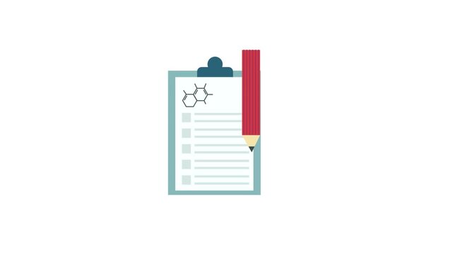 Flat vector medical report animation with clipboard checklist and pencil signing laboratory results