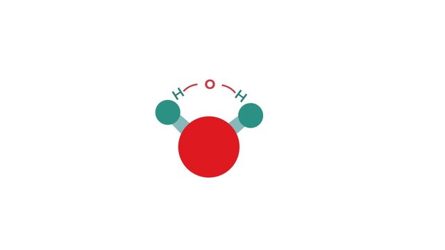 Flat vector water molecule animation showing chemical bonding structure of H2O atoms