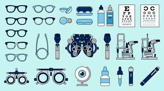 Flat Vector Illustration Set of Optometry Equipment and Eyewear, Featuring Glasses, Contact Lenses, Eye Charts, Phoropters, and Ophthalmoscopes on a Light Blue Background