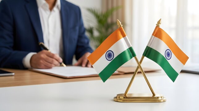 Independence day india indian flags on a desk with a businessman in the background signing documents in an office setting with a plant