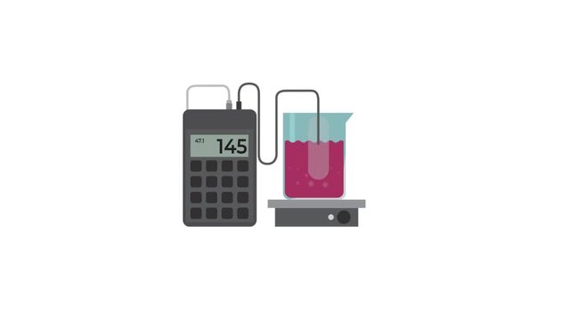 Flat vector science laboratory experiment animation with hot plate beaker and digital thermometer reading temperature