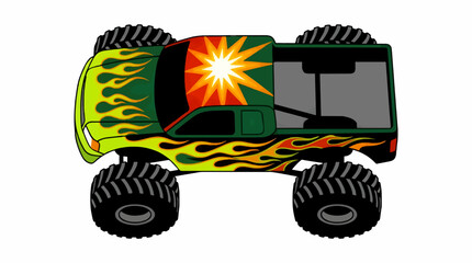 Flat Vector Illustration of a Monster Truck Viewed from Above, Showing Roof and Tires, Stylized Graphic Design with Bold Lines and Bright Blue and Red Colors, Clean White Background, Graphic Resource © Zidan