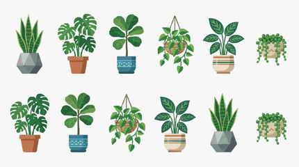 Dynamic Collection of Vibrant Indoor Plants in Stylish Pots and Hanging Baskets for Home Decor with high quality professional line art symbols for modern creative design and digital branding projects © Dodi