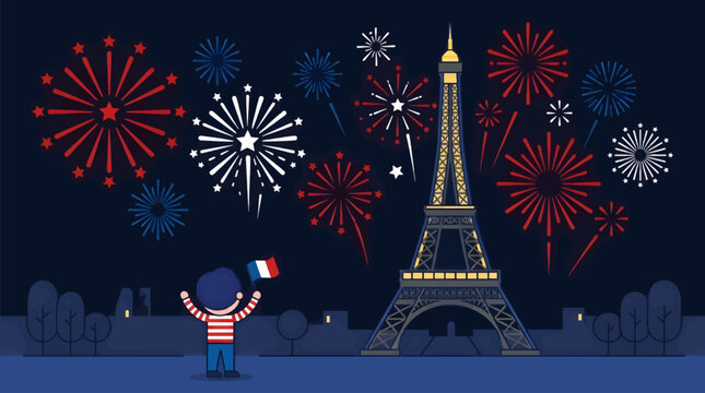 Flat Vector Illustration of Eiffel Tower at Night with Fireworks and a Person Waving French Flag, Stylized Cityscape with Trees and Buildings, Festive Celebration Scene