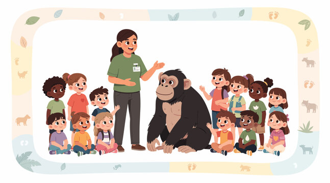 children and gorilla at zoo, education and wildlife concept
