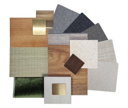 Interior design material mood board palette layout sample collection isolated on white background, group of wood veneer tile fabric velvet carpet textile wallpaper laminate and brass metal swatches.