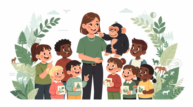 children and teacher with monkey in jungle