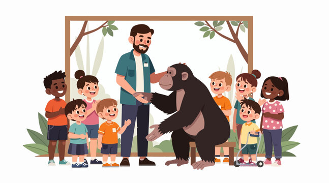 children and zookeeper with gorilla