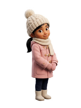Cute 3D cartoon girl character in warm pink winter coat and knitted hat