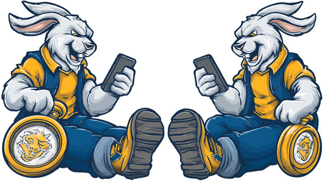 Two cartoon rabbits with smart phones, a clock, and wearing blue, yellow clothing