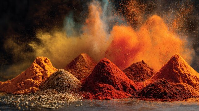 Colorful spice piles with vibrant explosions