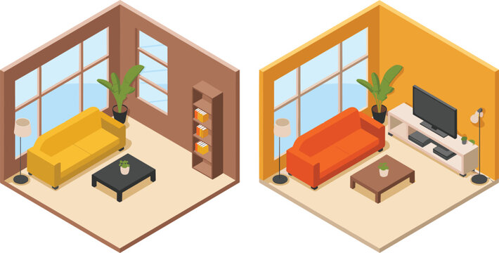 Isometric living room interior design vector illustration set with colorful sofas coffee tables television and large windows
