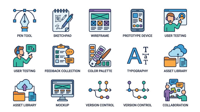 Professional Colorful Icons Set for UI UX Design Process and Collaboration Tools with Flat Illustrations