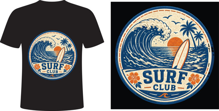 Vintage surf club t-shirt design, retro surfing emblem with ocean wave and palm trees, tropical beach sunset badge for apparel and summer posters